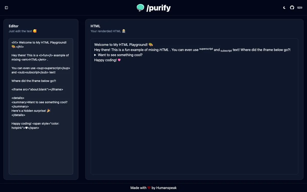 @humanspeak/svelte-purify preview